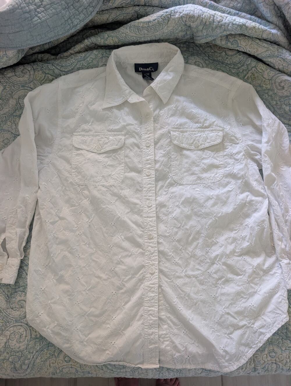 Denim & Co White Button up Blouse Large Embroidered Floral, Cottagecore, Boho